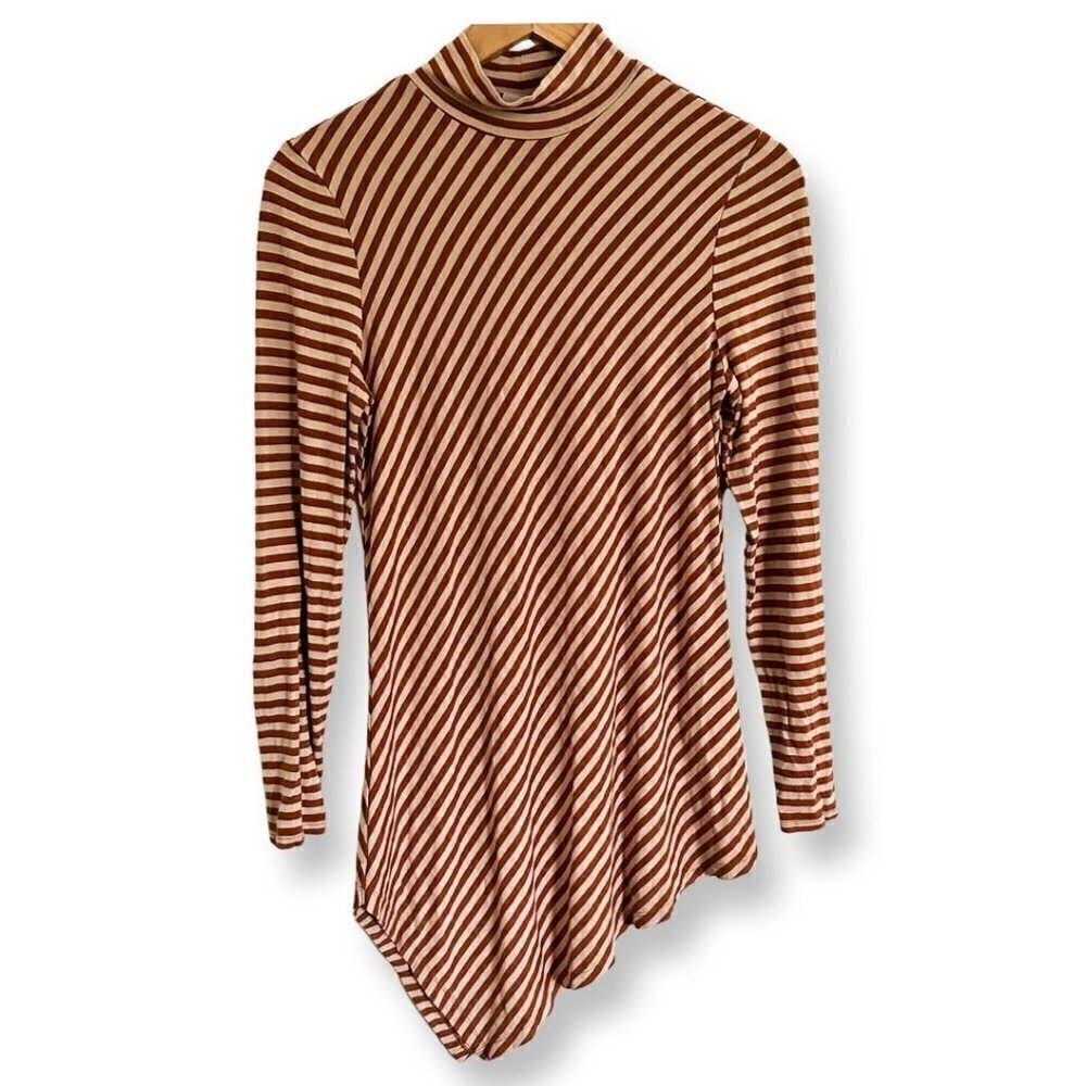 CHICO'S Tunic Shirt Size 0 Small Brown Striped Asymmetric Long Sleeve Stretch
